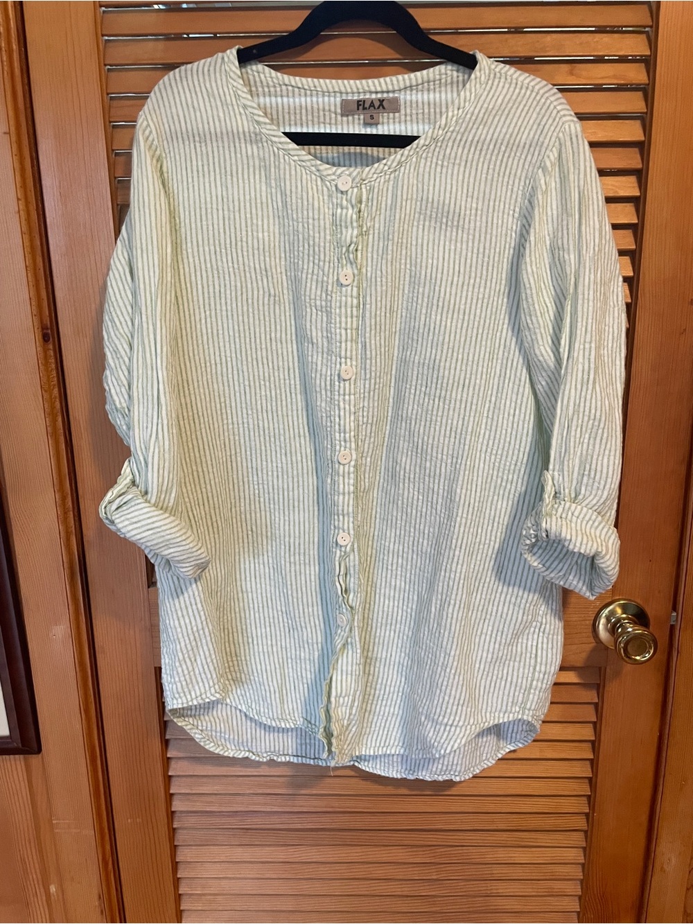 Flax 100% Linen collarless button down shirt - Picture 4 of 6